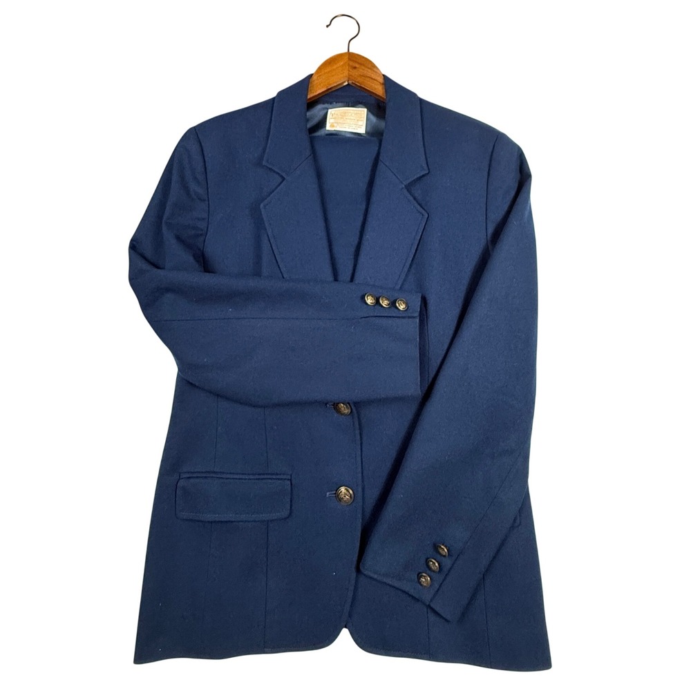 Vintage Pendleton Navy Blue Wool Skirt Suit Blazer Set Size 8 Made in USA
